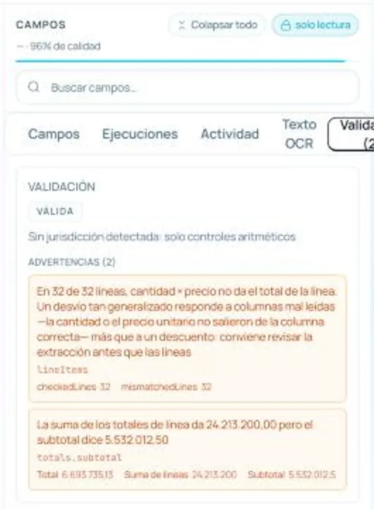 Pestaña Validación con dos advertencias